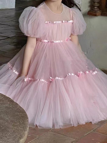 Cute Pink Girls Short Sleeve Tulle Party Dress TXH116