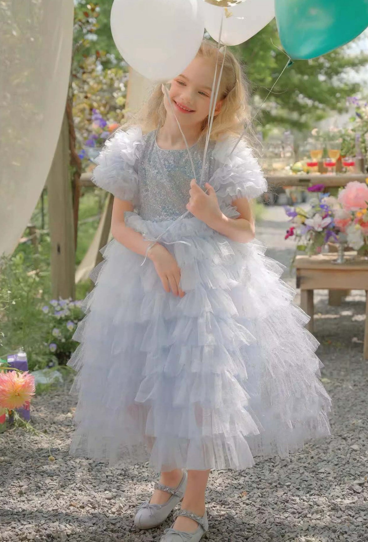 Girls Princess Sequin Sky Blue Tulle Kiddie Girl Party Gowns TXH124