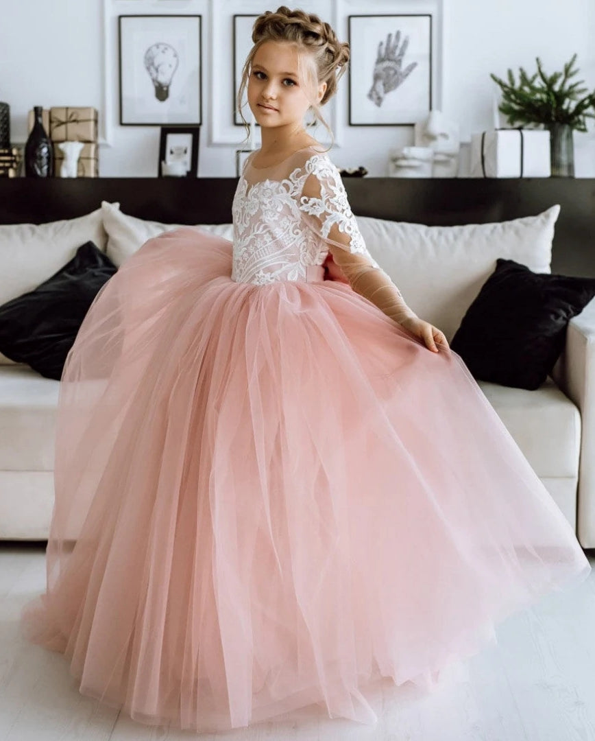 Lace Applique Pink Long Sleeve Girls Prom Dress TXH126