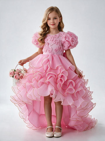 High-low Rose Flower Bubble Sleeve Kiddie Prom Dress 3-12 Years TXH133