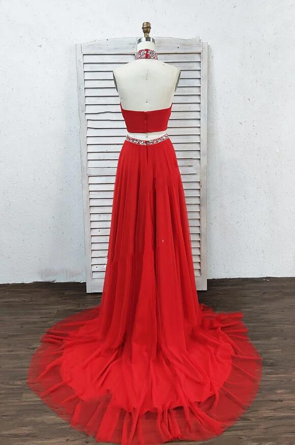Two Piece Red Tulle Halter Prom Dress With Slit JTA9261 Two Piece Red Tulle Halter Prom Dress With Slit JTA9261