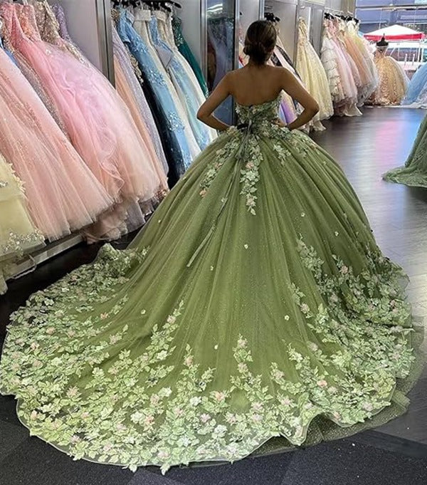 Ball Gown Sweetheart Forest Green Lace Quinceanera Sweet 16 Prom Dress