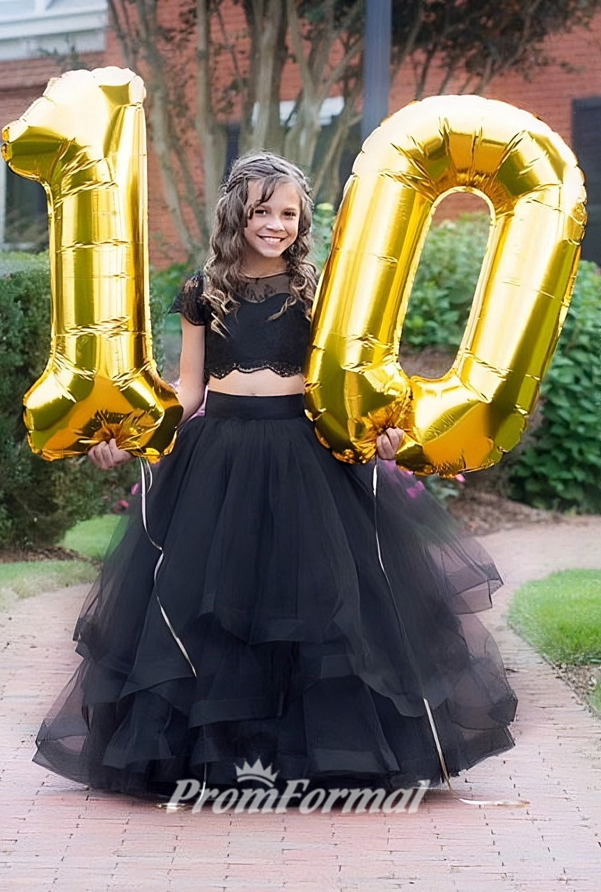 Two Piece Lace Short Sleeve Kids Prom Dress BDCHK173