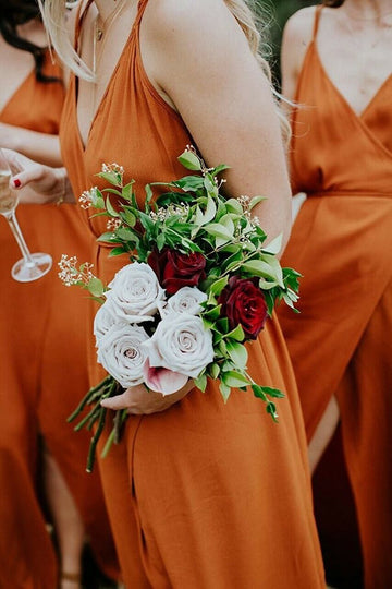 Simple Orange Sweep Train V-Neck Bridesmaid Dress GBD096