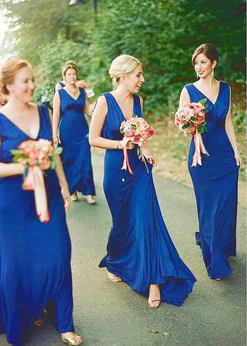 Country Royal Blue Floor Length V-Neck Bridesmaid-Dress GBD093