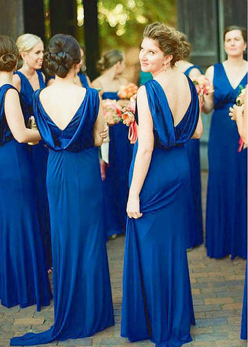 Country Royal Blue Floor Length V-Neck Bridesmaid-Dress GBD093