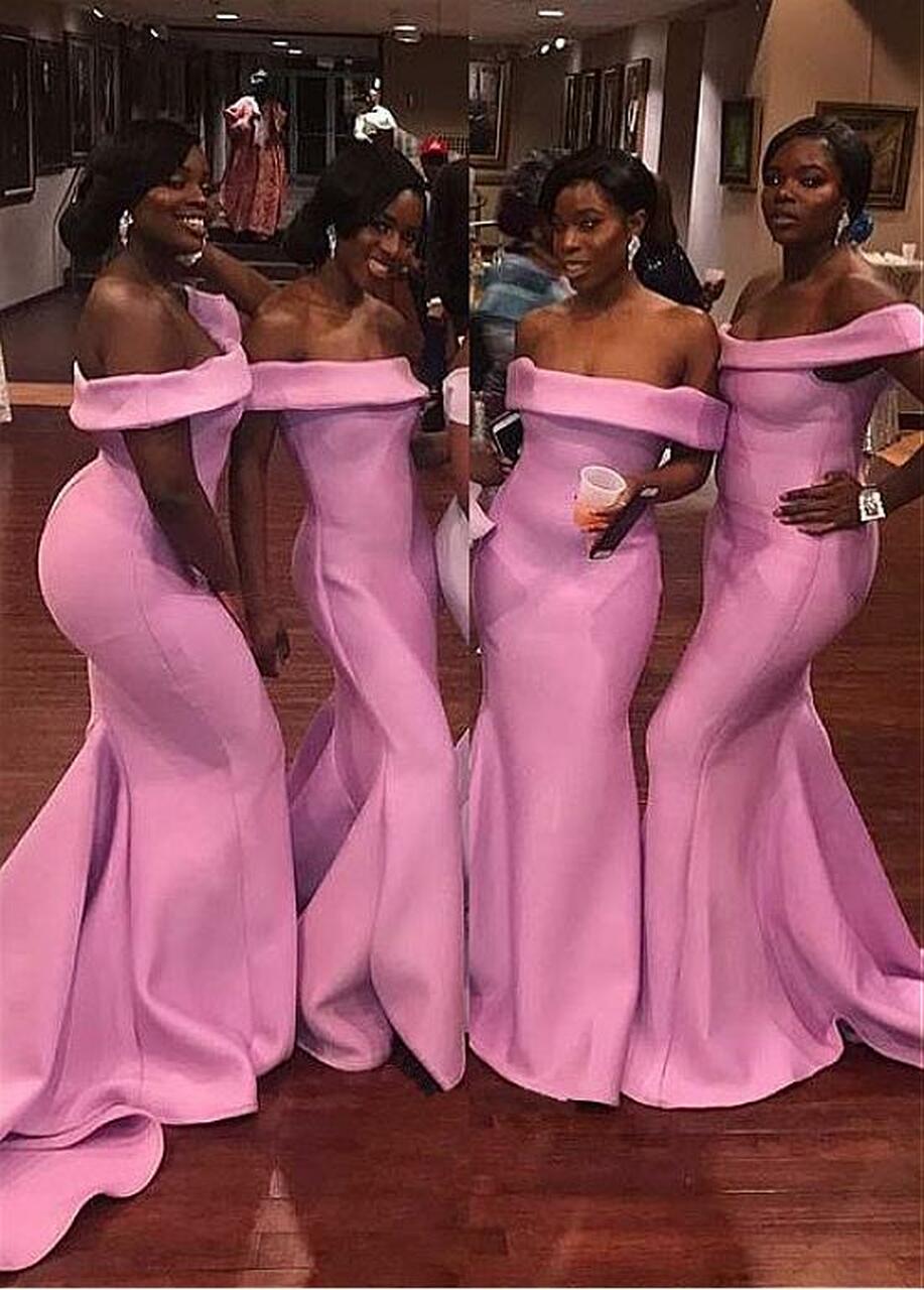 Pink Satin Mermaid Off The Shoulder Bridesmaid Dress GBD100