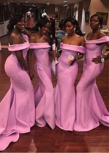 Pink Satin Mermaid Off The Shoulder Bridesmaid Dress GBD100