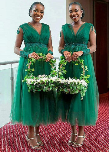 Dark Green Tea Length V Neck Bridesmaid Dress GBD102