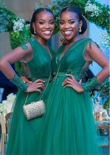 Dark Green Tea Length V Neck Bridesmaid Dress GBD102
