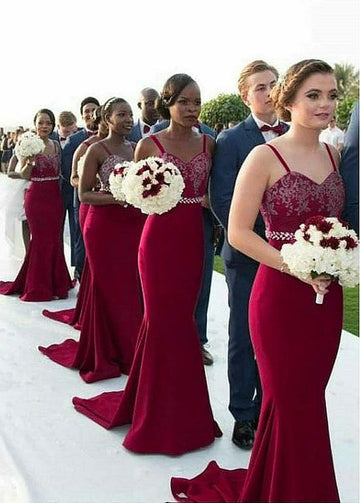 Burgundy Sweep Train Spaghetti Straps Mermaid Bridesmaid Dress GBD105