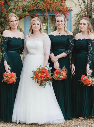 Dark Green Off The Shoulder Long Sleeve Bridesmaid Dress GBD111