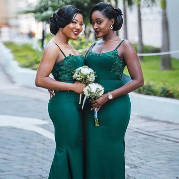 Dark Green Floor-Length Spagehtti Straps Mermaid Bridesmaid Dress GBD106