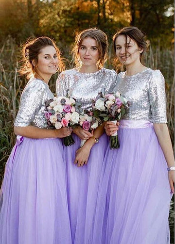 Lilac Tulle Sequins Half Sleeve Bridesmaid Dress GBD107