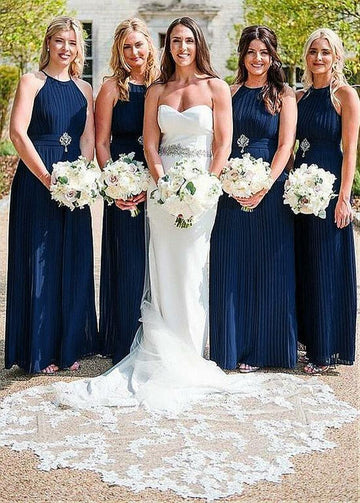 Navy Blue Floor Length Halter Bridesmaid Dress GBD116
