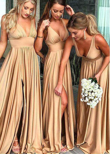 Sexy Champagne V-neck Split Front Bridesmaid Dress GBD113