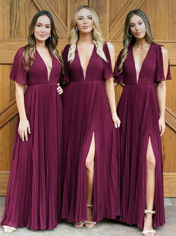 Dark Burgundy Chiffon V-Neck Bridesmaid Dress GBD118