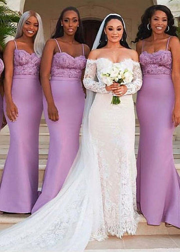 Lavender Floor Length Spaghetti Straps Mermaid Bridesmaid Dress GBD119