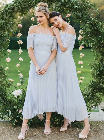 Light Blue Ankle Length Off the Shoulder Bridesmaid Dress GBD123
