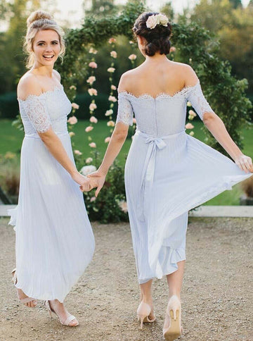 Light Blue Ankle Length Off the Shoulder Bridesmaid Dress GBD123