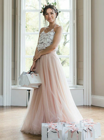 Straps Pink Tulle Lace Straps Bridesmaid Dress GBD124