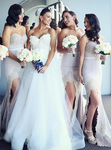 Blush Pink Sweep-Train Sweetheart Split Front Bridesmaid Dress GBD125