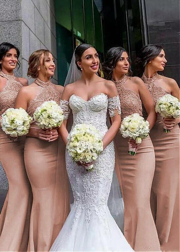 Champagne Lace Mermaid Halter Bridesmaid Dress GBD126