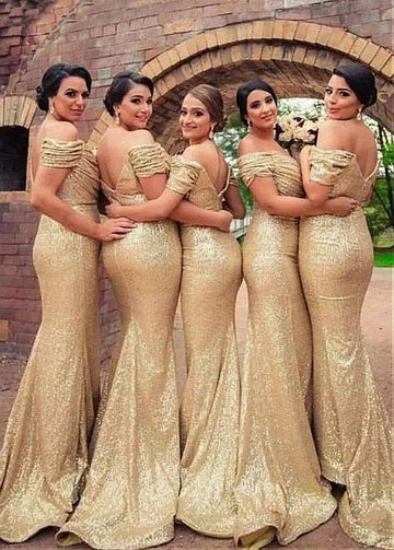 Gold Sequins Mermaid Off The Shoulder Bridesmaid Dress GBD127