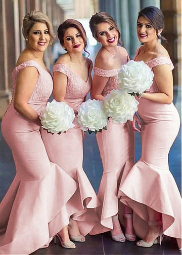 Pink Floor Length Off The Shoulder Mermaid Bridesmaid Dress GBD130