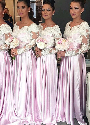 Pink Floor Length Satin Long Sleeve Bridesmaid Dress GBD129