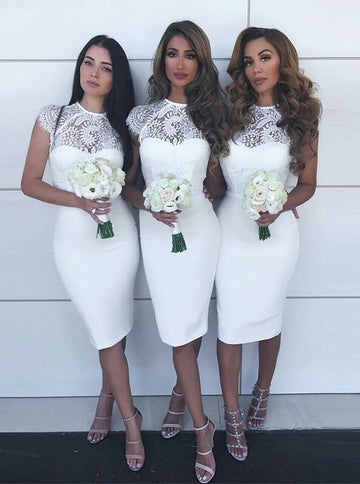 White Knee Length Round Neck Bridesmaid Dress GBD131