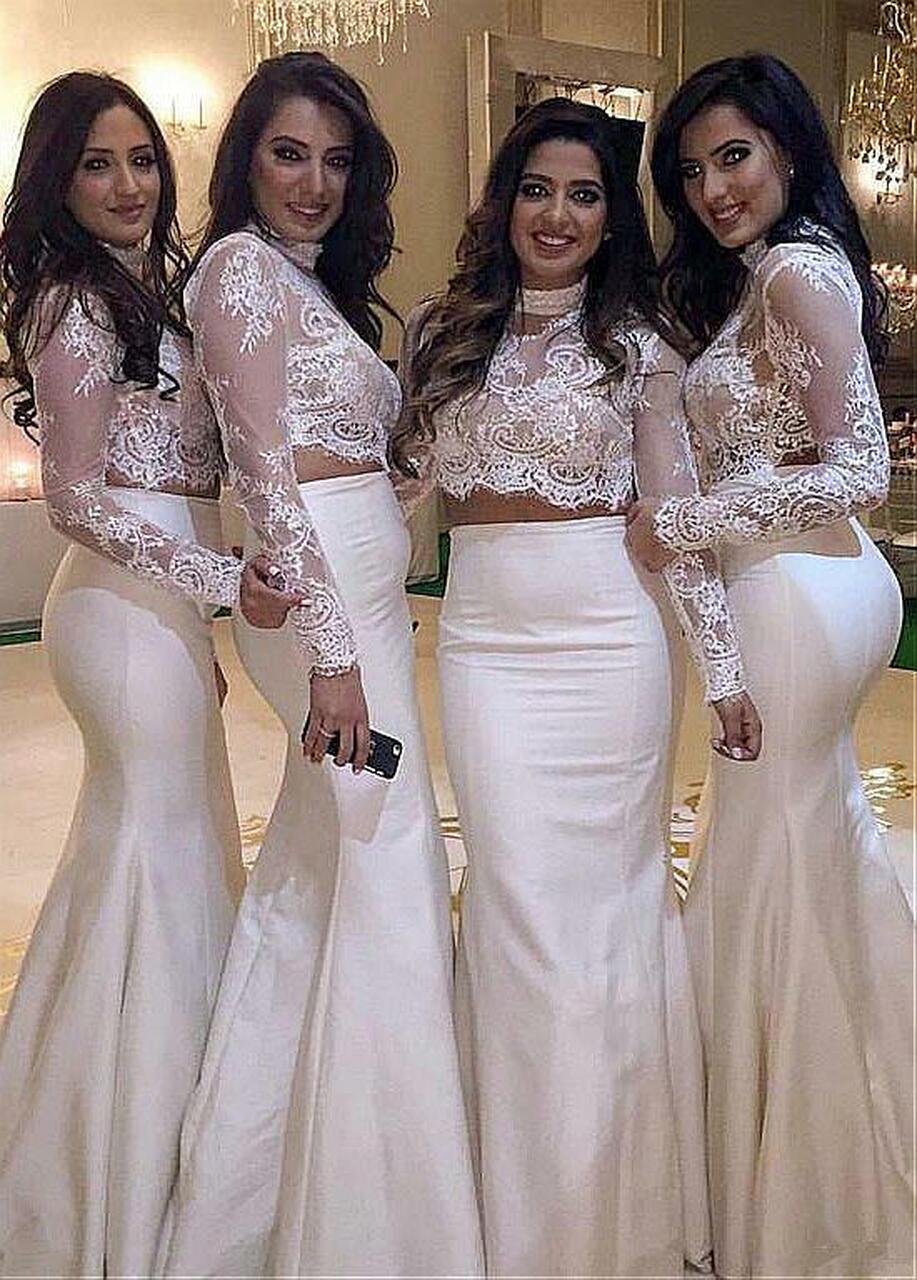 White Two Piece Long Sleeve Mermaid Bridesmaid Dress GBD132