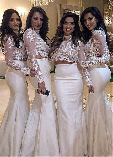 White Two Piece Long Sleeve Mermaid Bridesmaid Dress GBD132