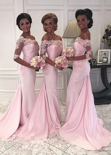 Pink Mermaid Floor Length Off The Shoulder Bridesmaid Dress GBD137