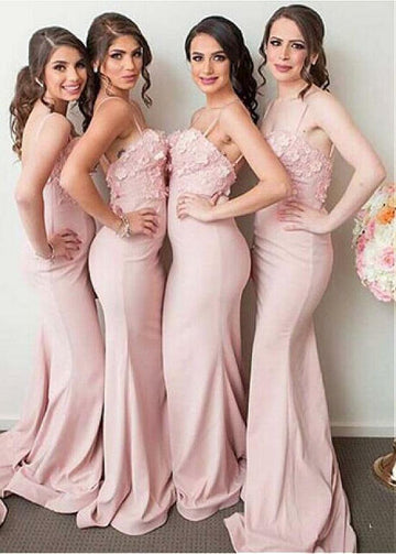 Pink Floor Length Mermaid Spaghetti Straps Bridesmaid Dress GBD138A