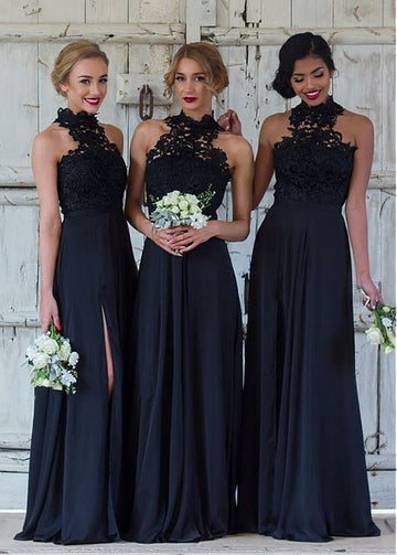 Halter Navy Blue Floor Length High Neck GBD139