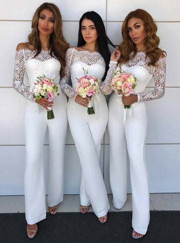 White Long Sleeve Lace Bridesmaid Dress With Pants GBD139A