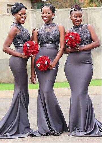 Gray Mermaid Halter Neck Lace Satin Bridesmaid Dress GBD142