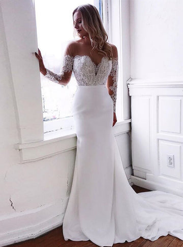 Plunging Neck Long Sleeve Lace Mermaid Wedding Dress BWD005