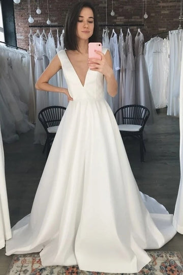 Simple V Neck Wedding Dress BWD379