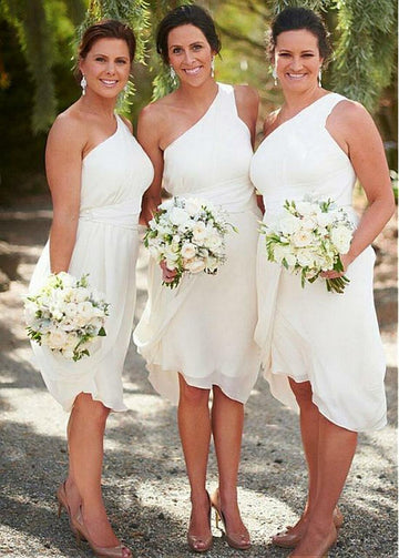 White Knee Length One Shoulder Plus Size Bridesmaid Dress GBD035
