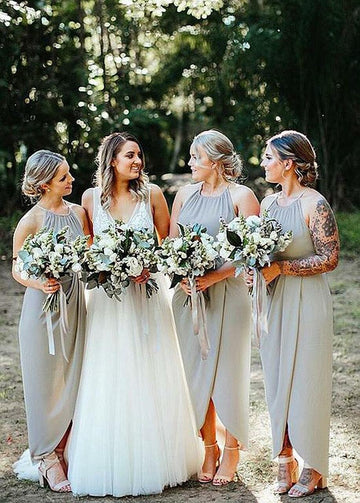 Silver Tea Length Halter Bridesmaid Dress GBD041