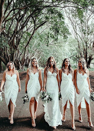 White Knee Length Spaghetti Straps Bridesmaid Dress GBD040