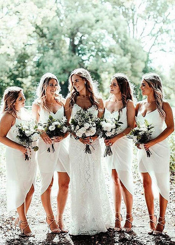 White Knee Length Spaghetti Straps Bridesmaid Dress GBD040