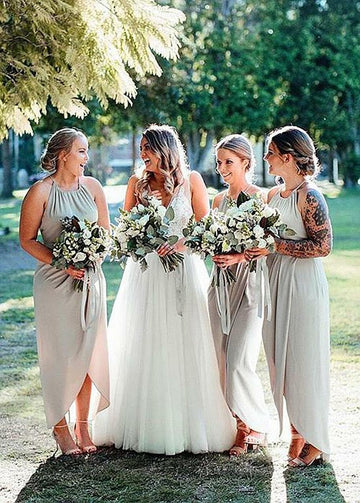 Silver Tea Length Halter Bridesmaid Dress GBD041