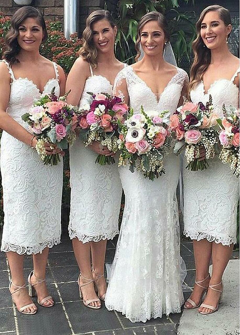 White Tea Length Spaghetti Straps Lace Bridesmaid Dress GBD046