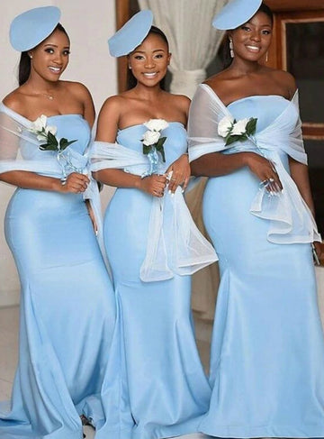 Sky Blue Floor Length Strapless Mermaid Bridesmaid Dress GBD047