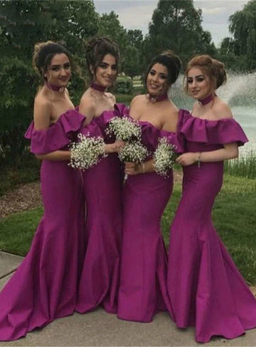 Dark Fuchsia Floor Length Off The Shoulder Mermaid Bridesmaid Dress GBD050