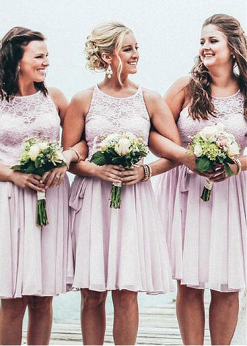 Blush Pink Knee Length Jewel Short Bridesmaid Dress GBD057