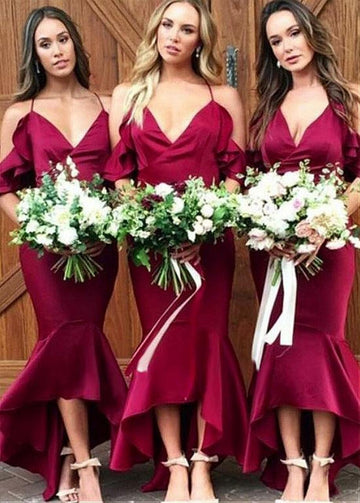 Burgundy High Low Trumpet Mermaid Straps Bridesmaid Dress GBD058
